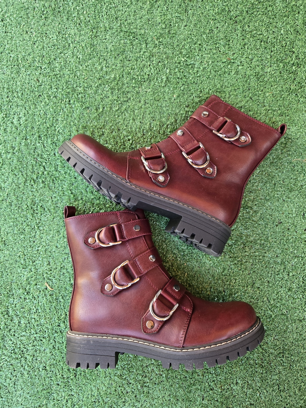 SO Cichlid Moto Combat Boots featuring a deep wine red color and silver hardware - Picture 4 of 7